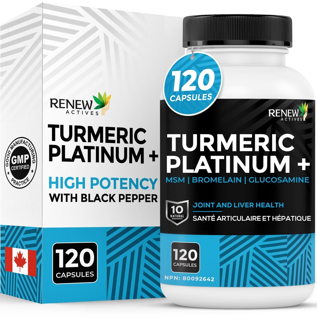 Renew Actives Turmeric Platinum 1350MG na 3 Kapsułki z Black Pepper & Ginger - Przeciwutleniacz, Wątroba & Pomocnictwo pokarmowe - Redukuje zapalenie i zwiększa odporność - Made in Canada - 120 Kapsułki