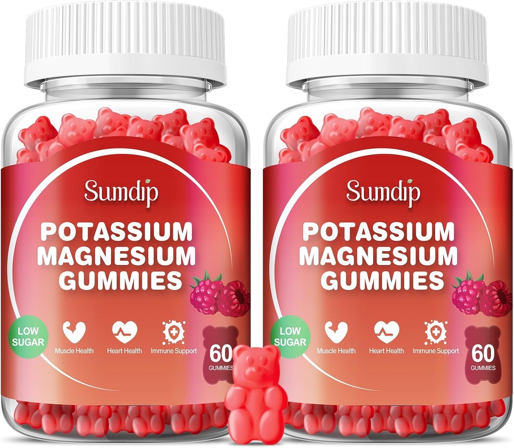 Magnezu Gummie potasu, Mięśnie i Serce Zdrowie, Kurcze nóg i snu, Suplementy potasu Wegan Gummy Non-GMO Gluten Free 60 Gummies- Pack, Malina