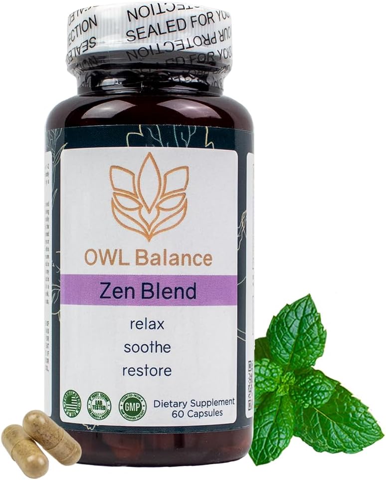 Zen Blend - Stress and Angear Supplement with Ashwagandha, L- Theanine, Holy Basil, Skullcap, Passionflower & Lemon Balm British 124; Supports Mood, Focus & Stress Relief Astwagandha; Vegan & Non-GMO British 124; 60 Kapsułki
