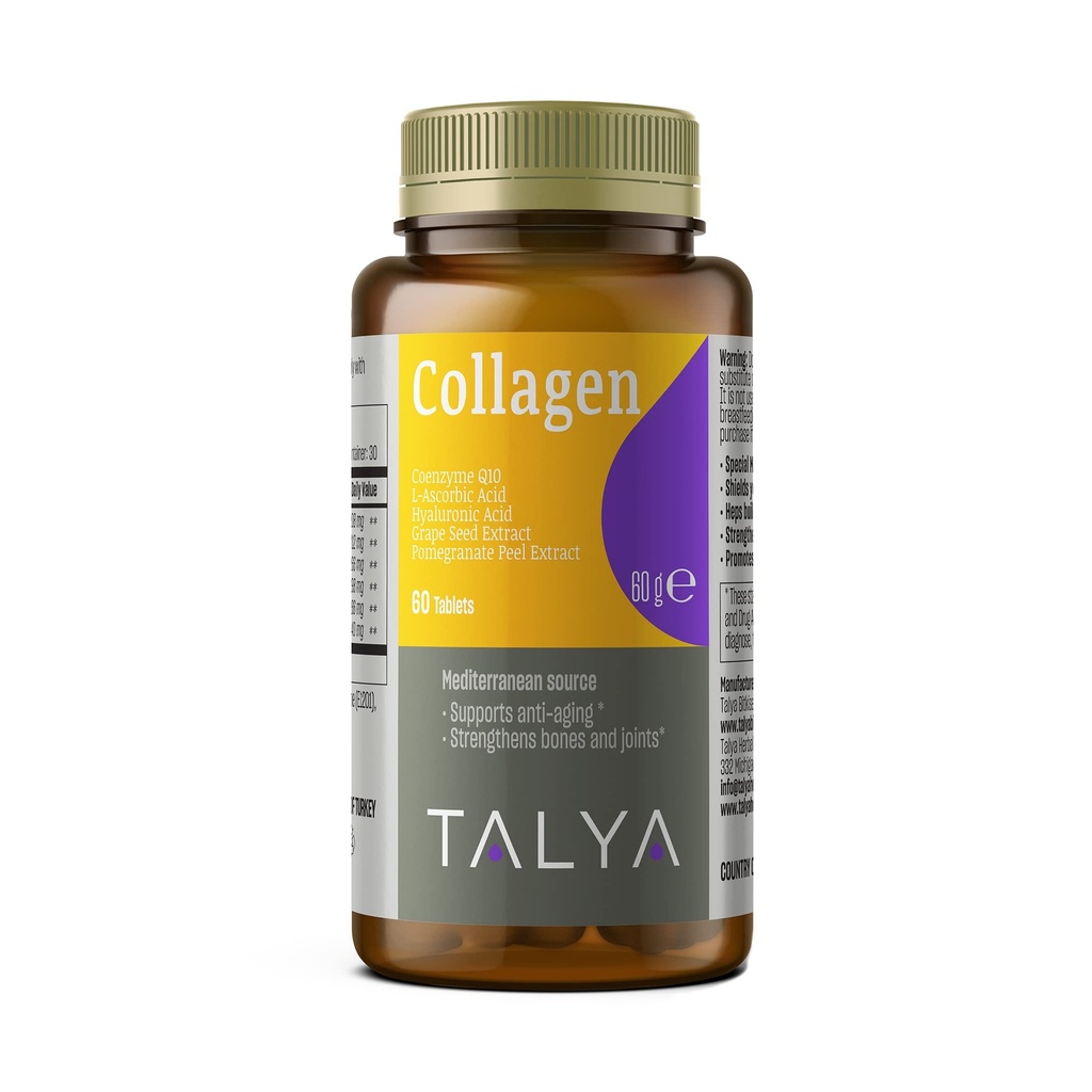 TALYA Collagen Pigułki z kwasem hialuronowym + witamina C 124; Zhydrolizowany Kolagen dla kobiet i mężczyzn 124; Włosy, Skóra i paznokcie 124; Non-GMO 124; 60 Kapsułki