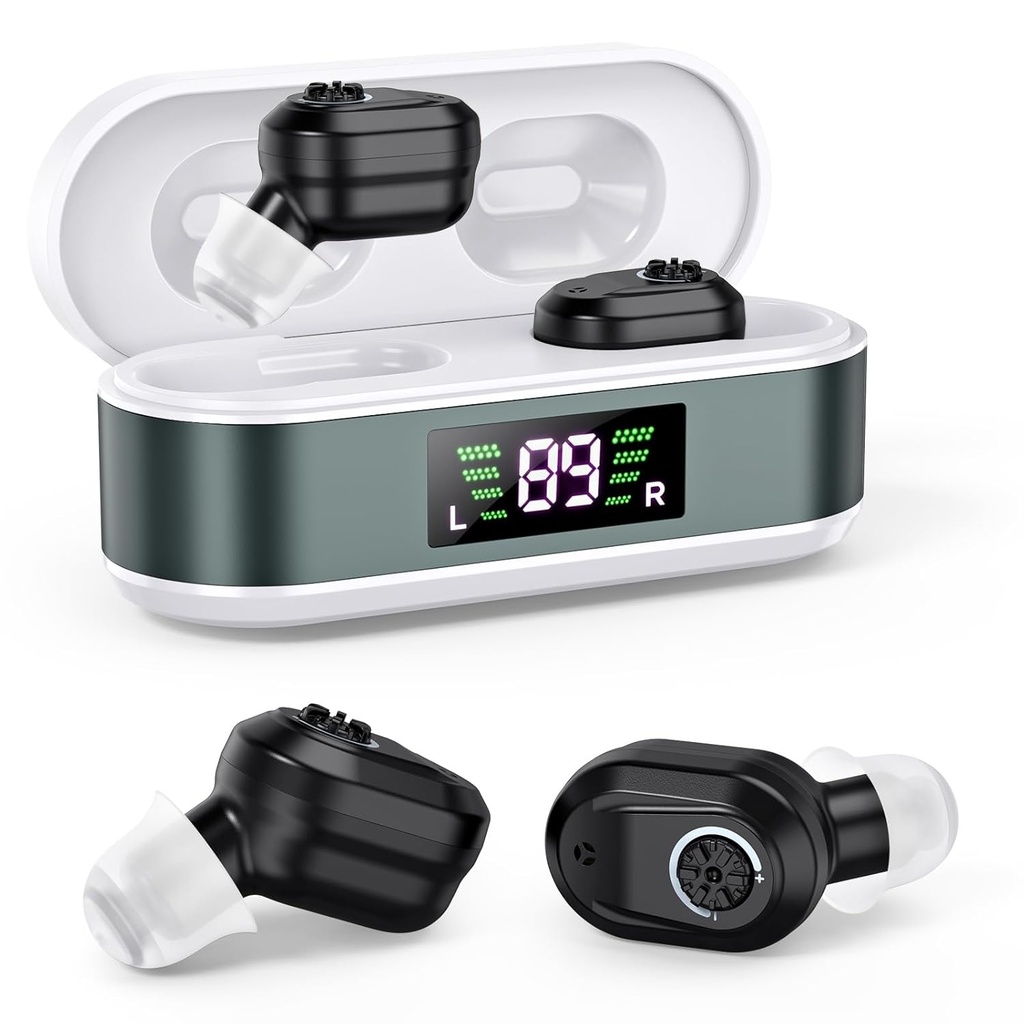 Aparaty słuchowe, aparaty słuchowe dla seniorów Invisible Rechargeable Wzmacniacz słuchu z hałasem Anulowanie dla dorosłych Utrata słuchu, Kontrola głośności Cyfrowy w uszach Urządzenia wspomagające słuch (czarny)