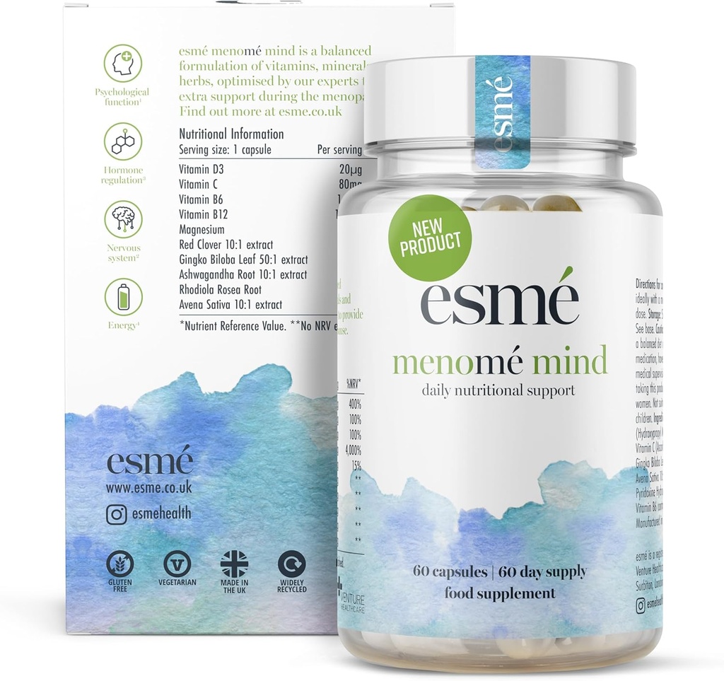 esmé menomé Mind - Daily Nutritional Support Before, W trakcie i po menopauzie - Dwa miesiące dostaw 60 Kapsułki, Zawiera ashwagandha i Gingko biloba