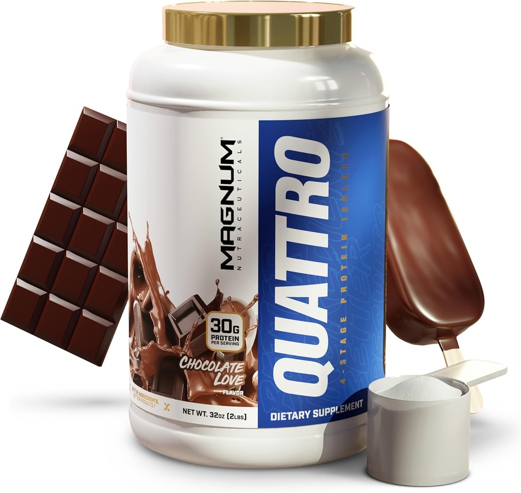 Magnum Nutraceuticals Quattro Serwatka Protein Powder, Czekoladowa Miłość 2lb - Premium Isolate Protein Mieszanka do wzrostu i odzysku mięśni