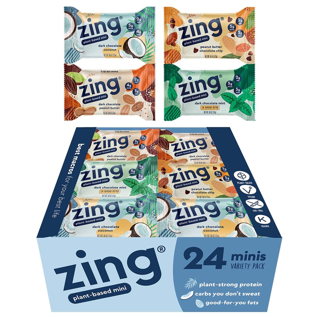 Zing Dzieci Bary protein Variety Pack, Gluten Free 100 Calorie Mini Bary z wysokim białkiem, Wegan Nutrition Bars, Wolne rośliny mleczne Białko oparte - 24 liczba