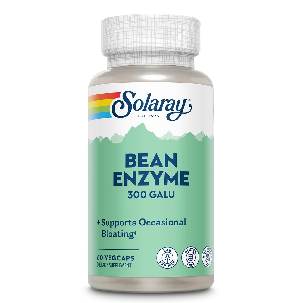 SOLARAY Bean Enzyme 300 GalU - Alpha Galactosidase Digestive Enzymes for Women and Men - Digestive Health Supplement - Wspomaga okazjonalne Bloating and Gas Relief dla dorosłych - 60 Servings, 60 VegeCaps