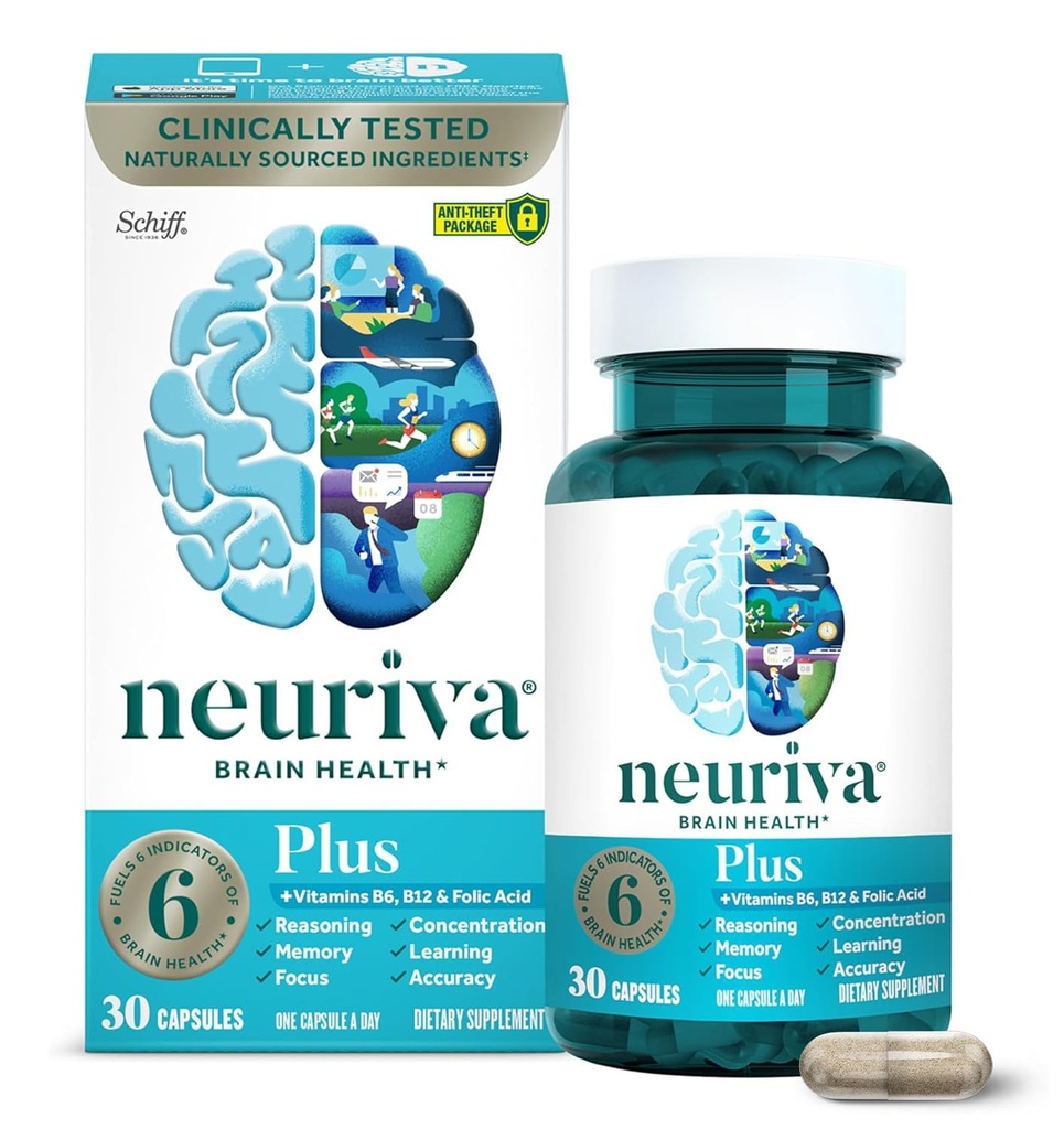 NEURIVA Plus Suplement do Mózgu dla Pamięci, Skupiania i Koncentracji + Funkcja kognitywna z klinicznie testowanych nootropików Fosfatydyloseryna i Neuroczynnik, Witaminy B6 & B12, 30 Kapsułki