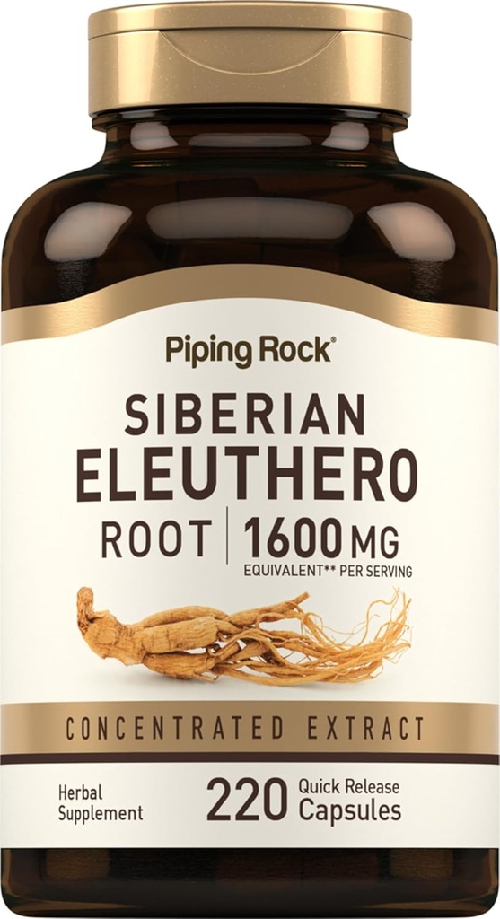 Piping Rock Syberyjski Eleuthero Korzeń Kapsułki 1600mg 124; 220 Hrabia 124; Skoncentrowany wyciąg ziołowy 124; Non- GMO, Gluten
