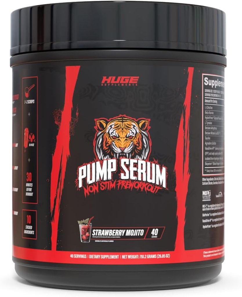 Ogromne suplementy pompy Serum, Stim Free Pre Workout i Azoksyd Nitric Booster do wzmocnienia Focus, Pompy, Fulness bez kofeiny, L- Citrulina, GlycerPump, L- Tyrozyna, Nitrosigine (Truskawka Mojito)