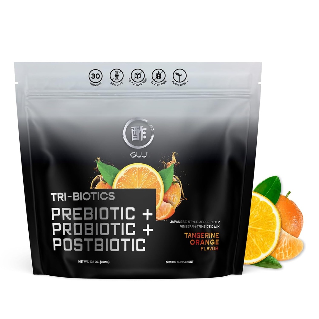 SUU Tribiotics Gut Health Drink for Men & Women-Japonese-Style ACV z prebiotyki, Probiotyki i Postbiotics- Immune Defense, Steady Focus, Digestive Support & Mood Booster- Tangerine Flavor, 30 Służenia