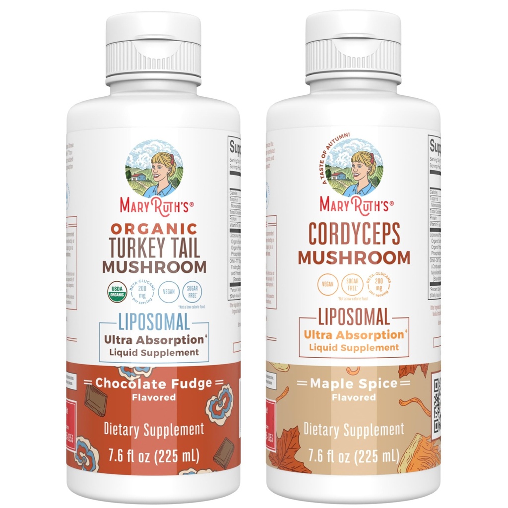 MaryRuth Organics Mushroom Liposomals: Turkey Tail (Chocolate Fudge) & Cordyceps (Maple Spice) | Clean Label Project Verified® | Immunity, Energy, & Overall Health | Vegan, Non-GMO, Gluten Free