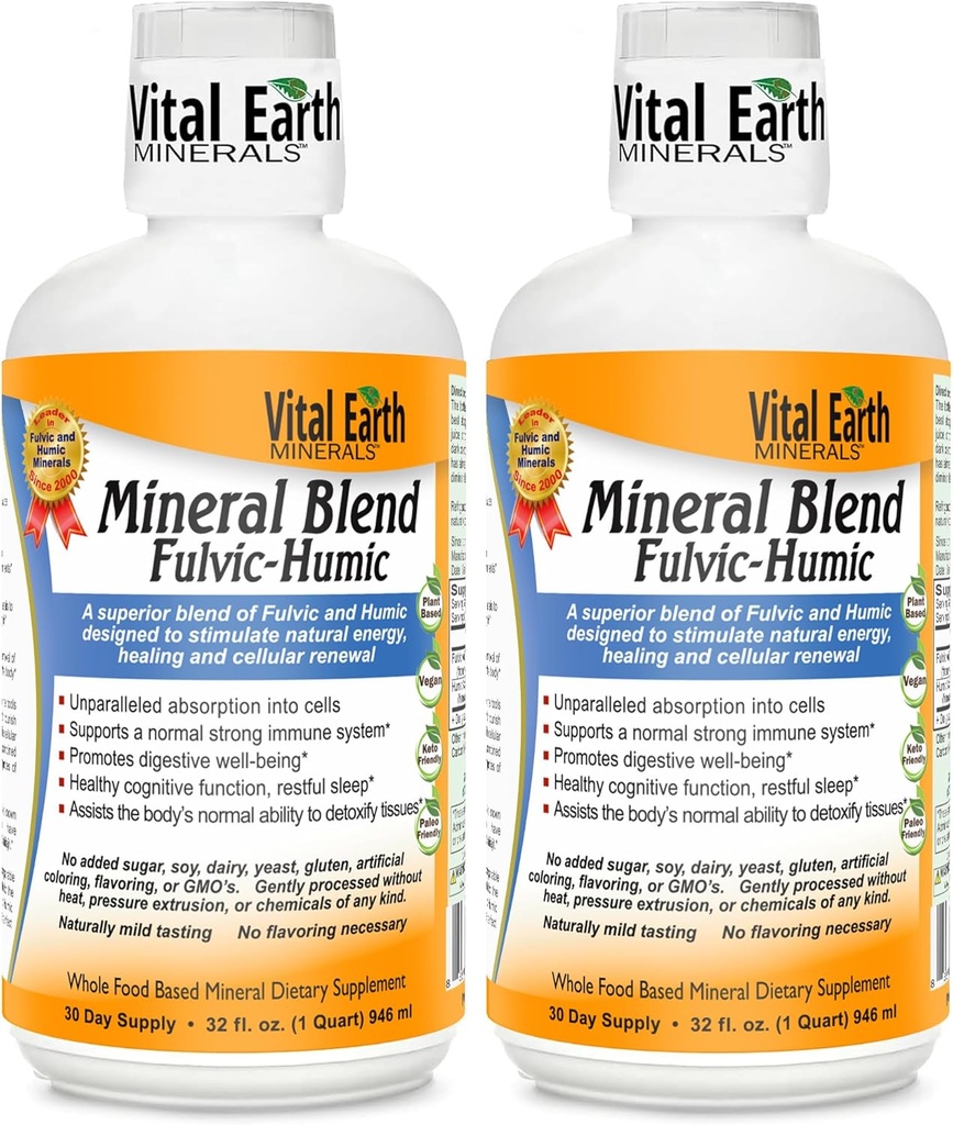 Vital Earth Minerals Fulvic Humic Mineral Blend Liquid 2- Pack - Suplement kwasu Fulvic z 70 + Minerały śladowe, Elektrolity do odzyskiwania, Balance & Energy, 32 Oz Ea + 1 Oz Cup Ea