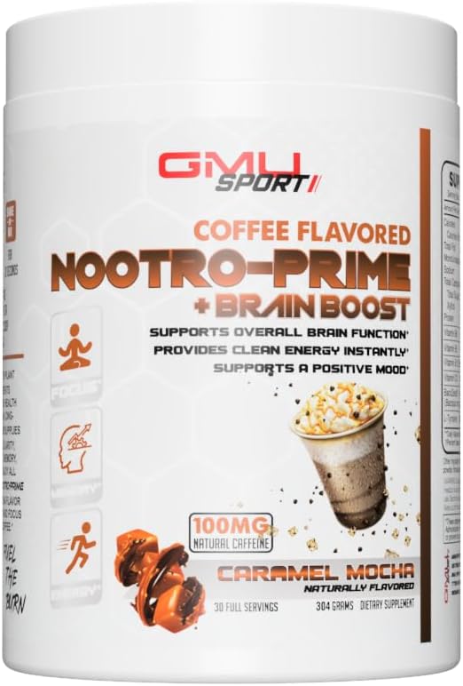 GMU SPORT Nootropowo-Premiowy Boost Mózgu - Focus Brain Supplement - Suplement Mushroom Supplement Powder z Alpha GPC, Nootropowe Suplementy Mózgu dla Pamięci i Focus z Lwów Mane, 30 Słupki, Karmel Mocha