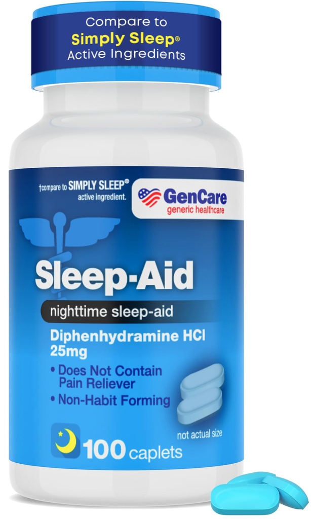 GenCare - Sleep Aid Difenhydramine HCL 25mg Blue Caps (100 Caplets) - Non Habit Forming Nighttime Sleeping Pills dla dorosłych, aby upaść sen szybciej i spać głębiej przez noc - Pomoc snu