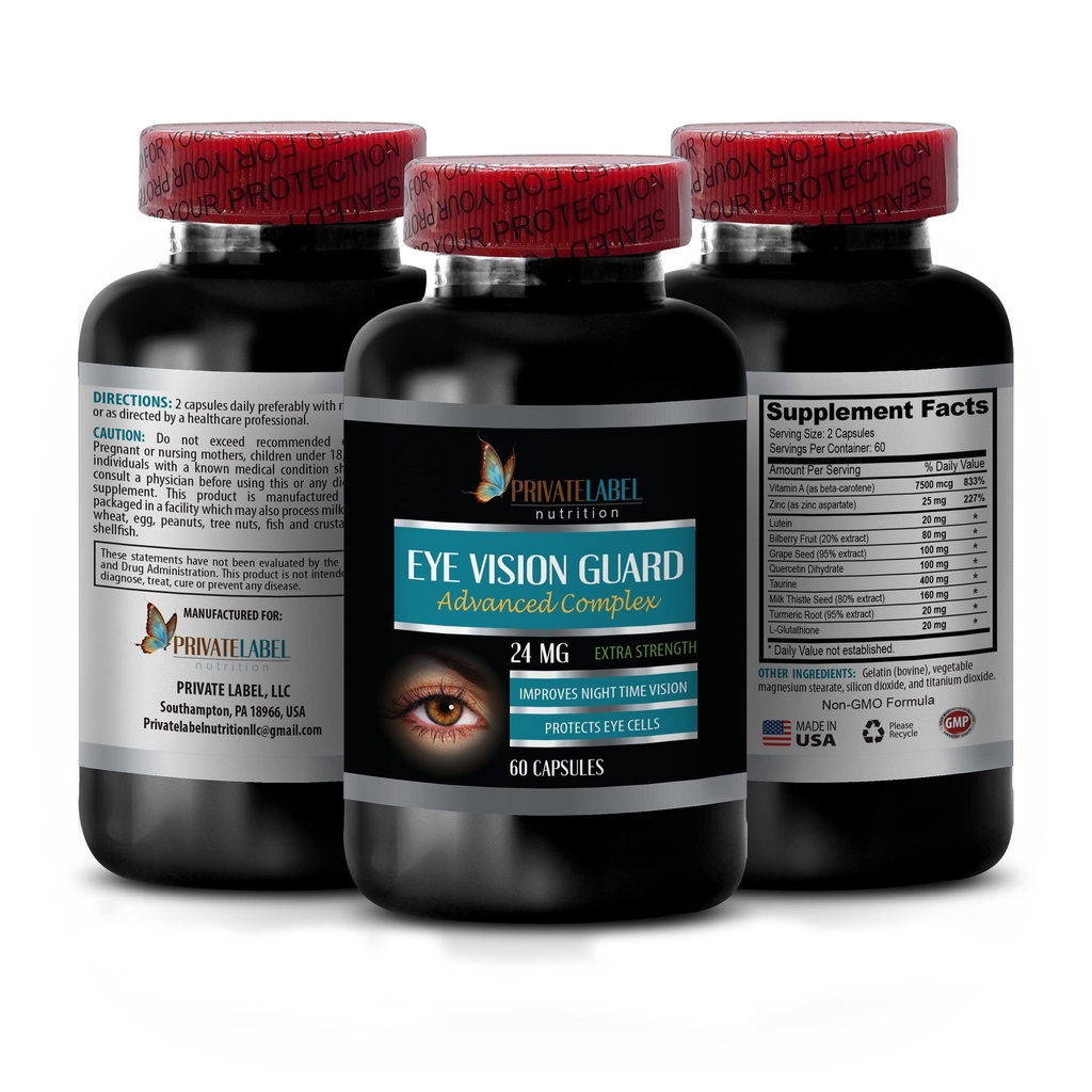 Vision Witaminy z luteiną - Eye Vision Guard 24 MG - Zaawansowany zespół, Eye Vision Support, Suplementy luteiny, Suplement witaminy A, Ekstrakt z kurkumy, Ekstrakt z borówki, Tauryna, 1 Bot 60 Kapsułki