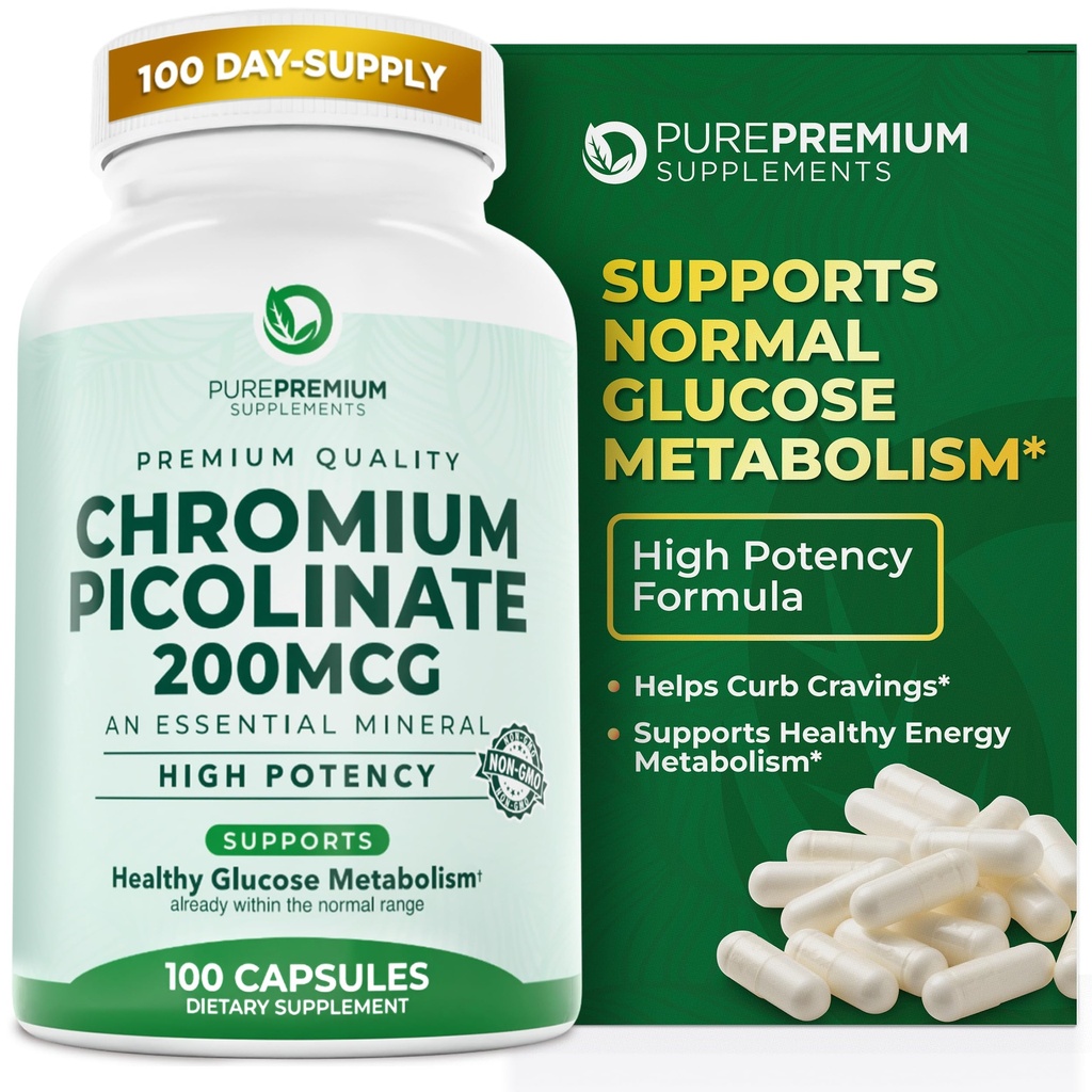 PurePremium Chrom Picolinate 200mcg - Wysoka potencja suplementy chromowe - Podstawowe mineralne wsparcie zdrowotne dla mężczyzn / kobiet - Bezglutenowe - 3 miesiące dostaw - 100 Kapsułki