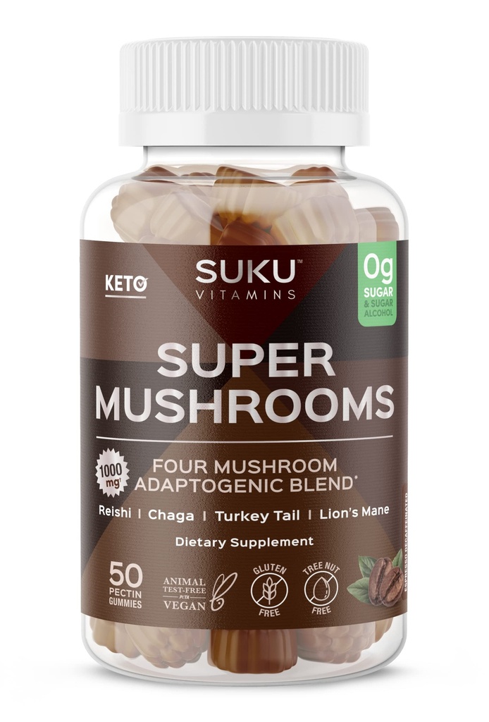 SUKU Witaminy - Super Mushroom -Reishi Chaga, Turcja Tail & Lions Mane Blend Gummies for Immunity - Łatwe do żucia - Nie GMO, Gluten Sugar Free - Espresso Dekaffeired Gummy Witaminy, 50 Hr