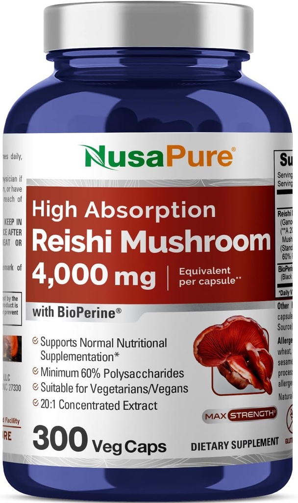 NusaPure Reishi Mushroom Extract 20: 1 Extract, 200 mg ekwiwalent 4000mg na kapsułkę 300 Veggie Caps Vegan, Non-GMO, Vegan