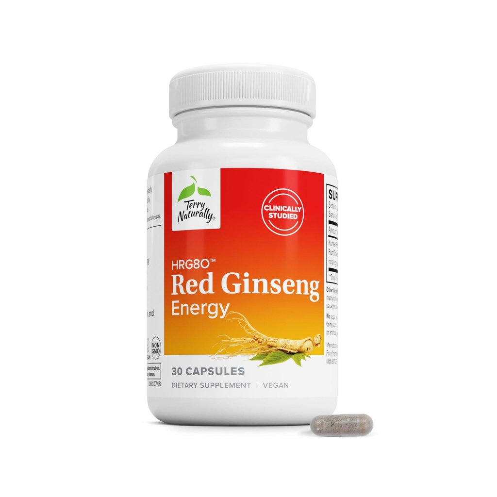 Terry Natural HRG80 Red Ginseng Energy - Suplement do wsparcia zdrowej energii i skupienia - Suplement ziołowy z koreańskim Red Ginseng Root Powder - Wegan Tablets to Aid Healthy Endurance - 30 Kapsułki