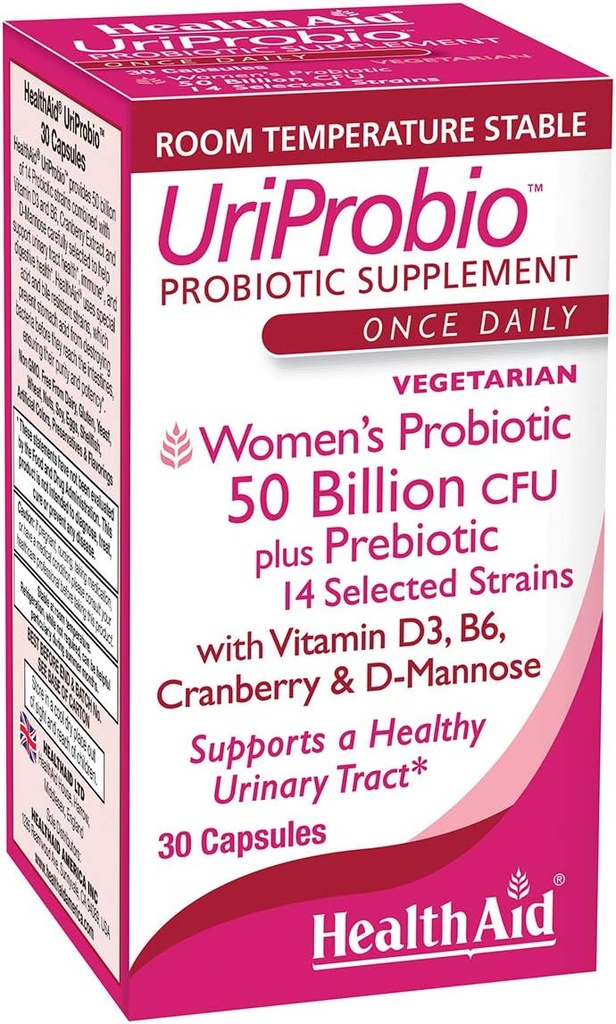 HealthAid UriProbio - 50 Miliard CFU Probiotyk kobiet z prebiotykiem, Żurawinka, D- Mannoza, Witamina D & B Bisconsin 124; Wsparcie Trakt moczowy & Digestive Wellness, Kwas i Bile odporne, Wegan