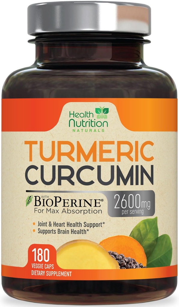 Kurkumina Kurkumina suplement 2600mg - 95% Kurkuminoidy z organiczną Turmeric & BioPerine Black Pepper dla najlepszej absorpcji, Natural 's Vegan Joint Support, Non-GMO Tumeric, Butelki w USA - 180 Kapsułki