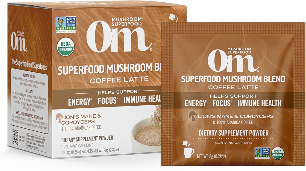Om Mushroom Superfood Coffee Latte blend Mushroom Powder, Single Serve, 10 Count, Lion 's Mane, Cordyceps, Reishi, Chaga, Energia & Mental Clarity Supplement Supplement