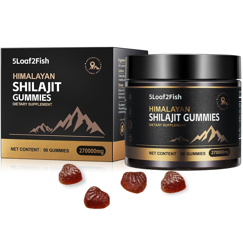 Organiczne Gummeje Shilajit, Pure Himalayan Gummeje Shilajit dla mężczyzn Suplement, Złoto Gummeje Shilajit dla kobiet Naturalne 85 + Minerały śladowe, Ashwagandha, Czarny ekstrakt oleju nasion, 90 Gummeje