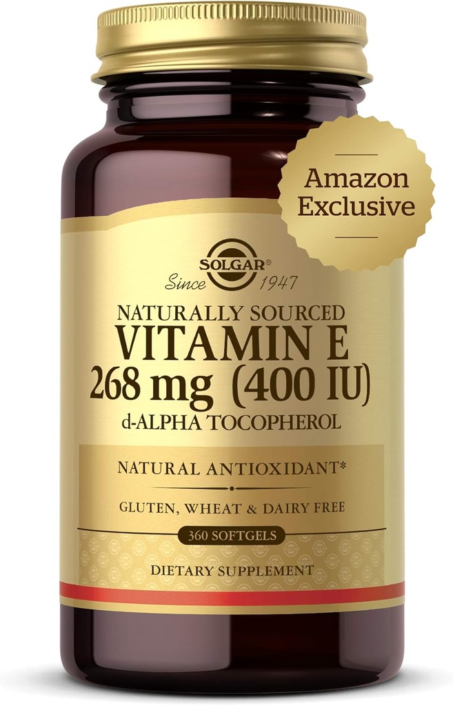 Solgar Witamina E 268 mg (400 IU), 360 Alpha Softgels - Naturalny przeciwutleniacz, Skóra i System immunologiczny Wsparcie - Naturally-Sourced Witamina E - Gluten Free, Dairy Free - 360 Servings