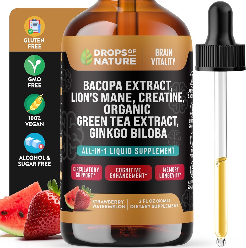 Kreatyna i Bacopa płynne krople z grzywą lwa, zielona herbata i Ginkgo Biloba - szybszy mieszanka absorbująca niż gumki i tabletki - Vegan suplement do ulepszonego focus & Cognition (Truskawkowy arbuz, 60 ml)