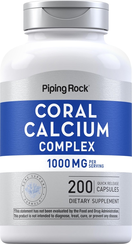 Piping Rock Coral Wapń 1000 mg Huppuccino 124; 200 Kapsułki Huppuccino 124; Bone Formula Complex z witaminą D, C i Magnezu Huppuccino 124; Non-GMO, Gluten Free Supplement