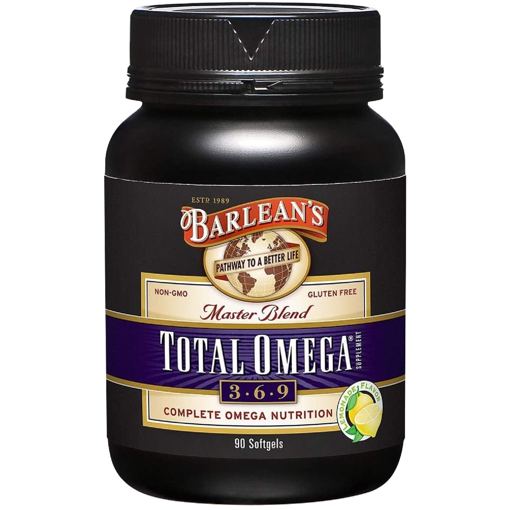Barlean 's Total Omega 3 6 9 Softgels, Mieszany dodatek oleju rybnego z olejem z borasu i oleju lnianego, 1000 mg Omegas ALA, EPA, DHA i GLA do wspólnych suplementów wsparcia i zdrowia serca, 90