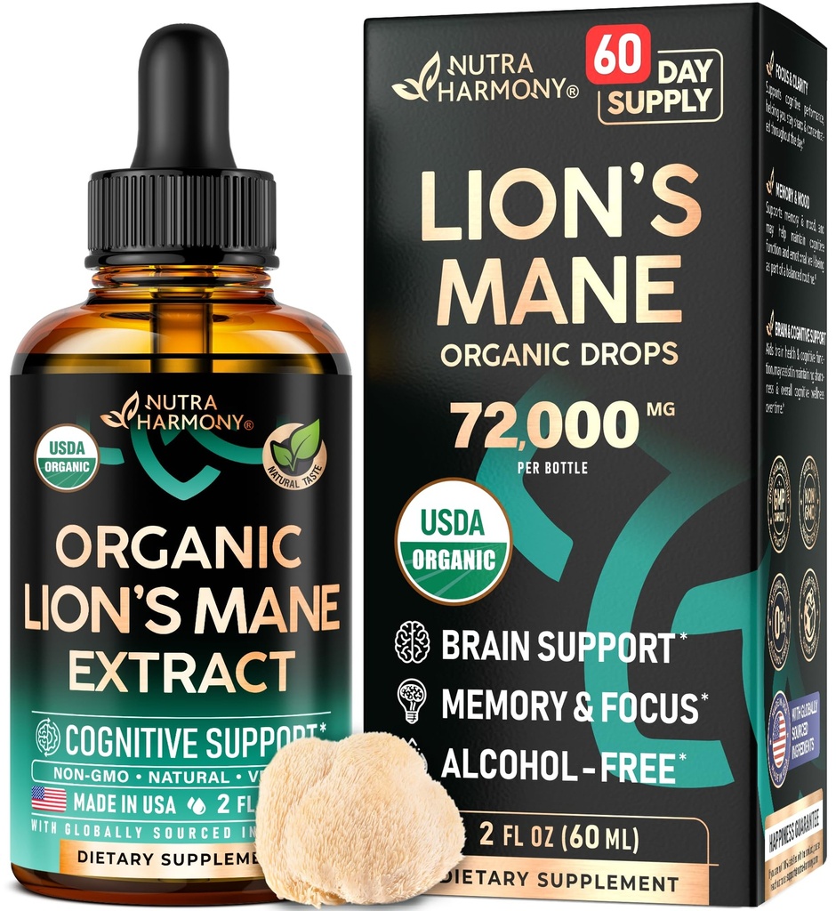 Lions Mane Liquid - USDA Certified Organic Lions Mane Supplement - Wsparcie mózgu, Energia, Pamięć i Focus - Sugar & Alcohol-Free Lion 's Mane Mushroom Extract 72,000 mg / butelkę, 2 Fl OZ, 2 Month Supply