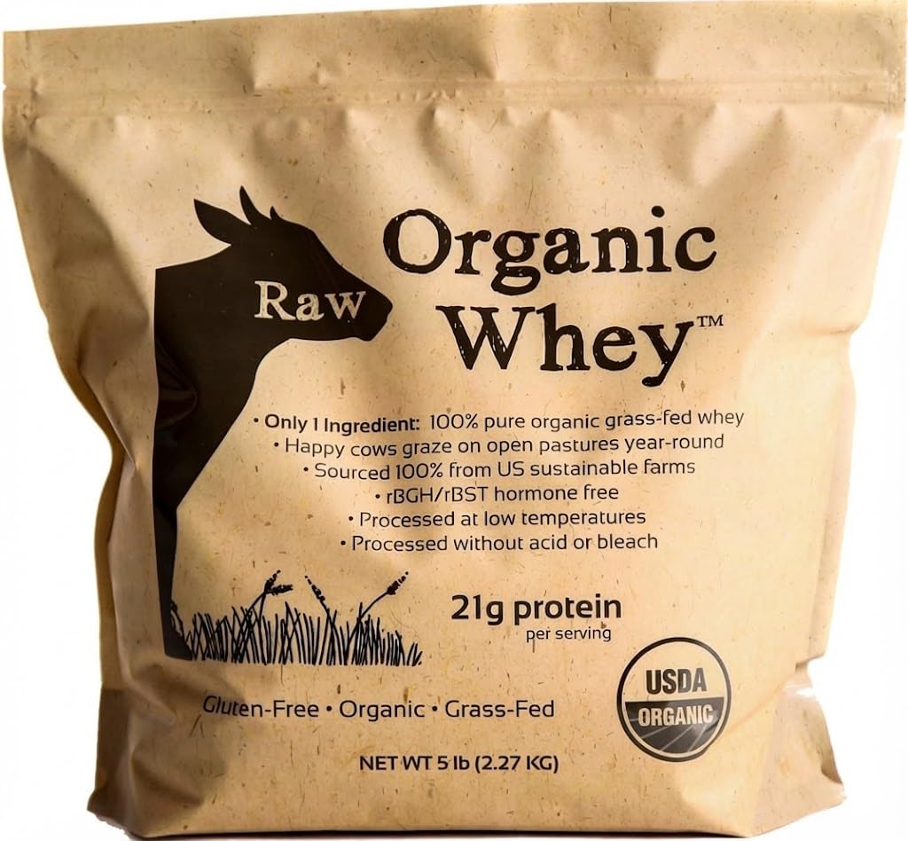 Proszek z surowego białka serwatki organicznej, pasza trawiasta, szczęśliwe zdrowe krowy, niedenaturowane, hormon wolny, nie-GMO, gluten wolny, niearomatyzowane, niesłodzone białko, 5LB