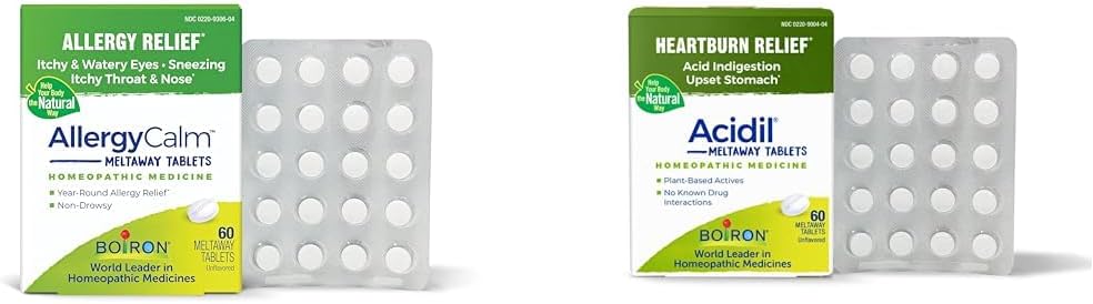 Boiron Alergy and Acid Reflum Relief Bundle with AllergyCalm Tablets (60 Count) and Acidil for Acid Refluft and Infersions (60 Count)