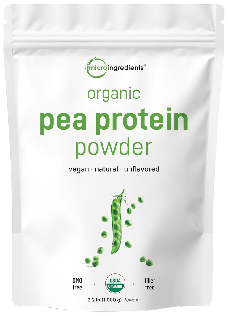 Micro Ingredients North America Urosły, Organic Pea Protein Powder, 1KG (2.2 Pounds) 124; Białko wegańskie oparte na plancie, Suplement białka bez mięsa, Bogaty w rozgałęzionych Acids Amino łańcucha 124; Nie GMO, Soy Free
