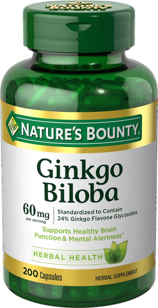 Nature 's Bounty Ginkgo Biloba, Wspomaga zdrowe funkcje mózgu, Suplement ziołowy, 60 Mg, 200 Kapsułki
