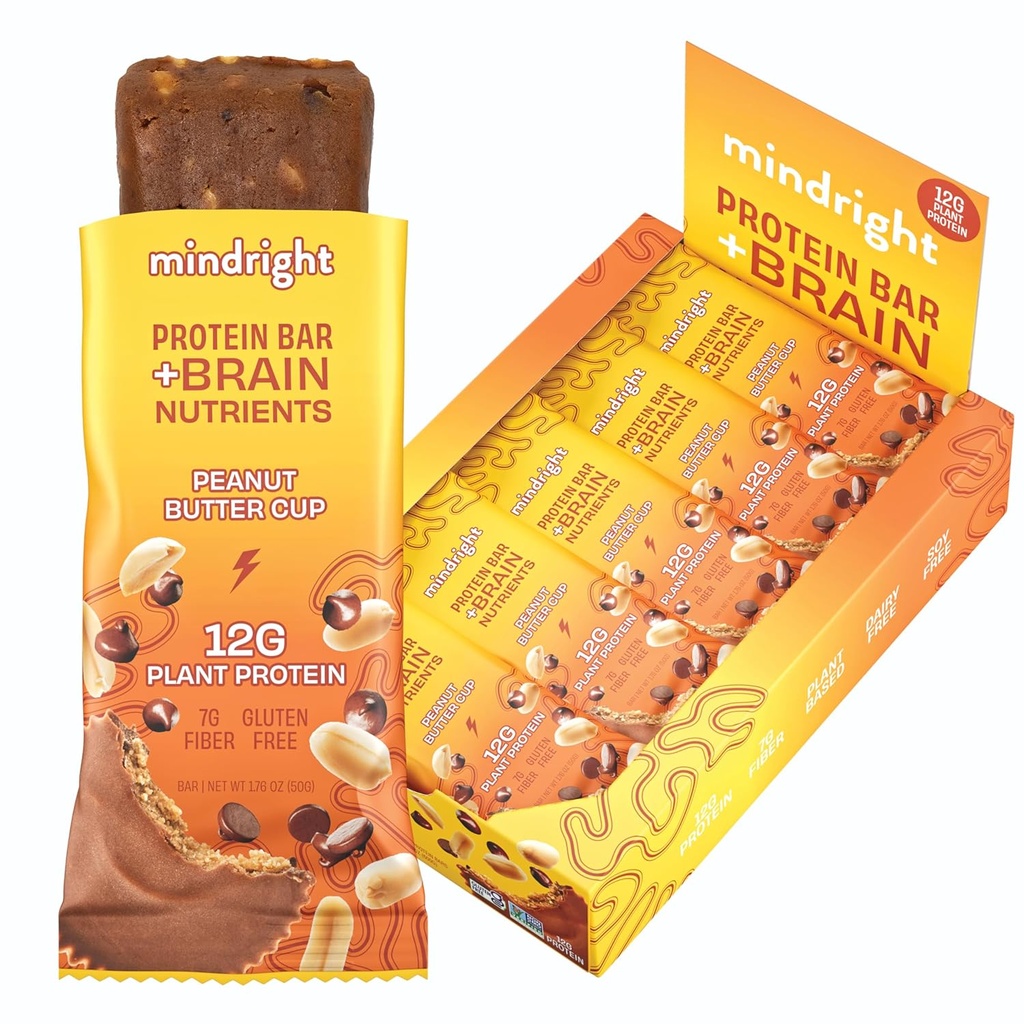 Mindright Superfood Vegan Protein Bar - Gluten Free, Non-Gmo, Low Sugar - Brain Food Snack to Enhance Mood, Energy, and Focus - Pack of 12 (Puchar masła orzechowego)