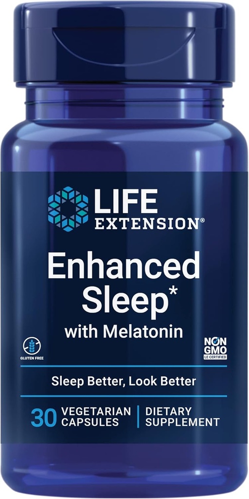 Przedłużenie życia Ulepszony sen z melatoniną - Melatonina Sleep Supplement for Restful Sleep and Healthy Skin & More - Gluten- Free, Non-GMO, Vegetarian - 30 kapsułki