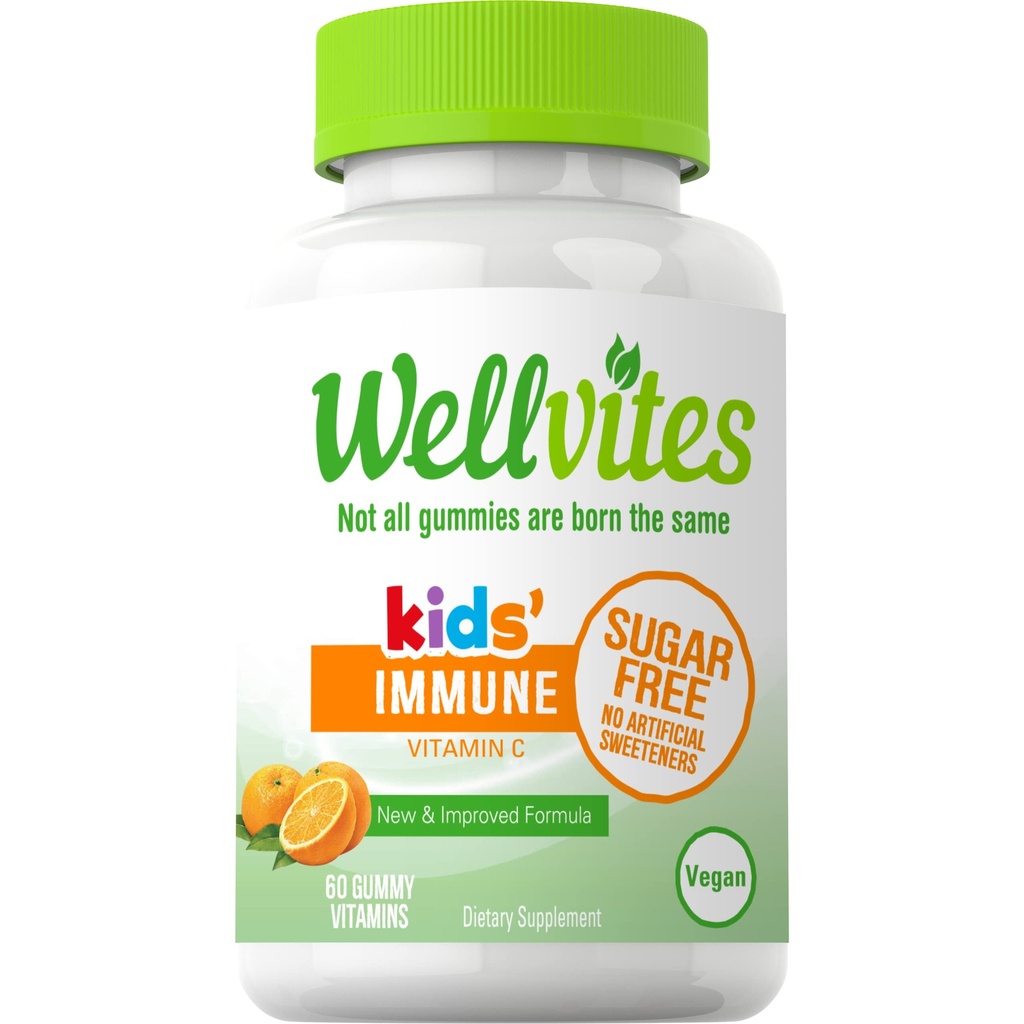 Wellvites Sugar Free Kids Immune Daily Gummy Vitamin - Wegan, Non-GMO - Witamina C Gummies for Kids Immune Support, Brak sztucznych Sweeteners, Gluten- Free, Żelatyna-Free, 60 Count (30 Day Supply)