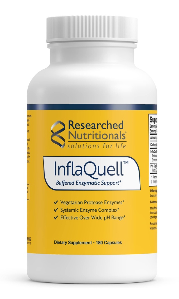 Badania Nutritionals InflaQuell - Wegetariańskie enzymy proteolityczne, Ginger & Rutin Suplement do odpowiedzi zapalnej, naczyniowe i oddechowe (180 Kapsułki)
