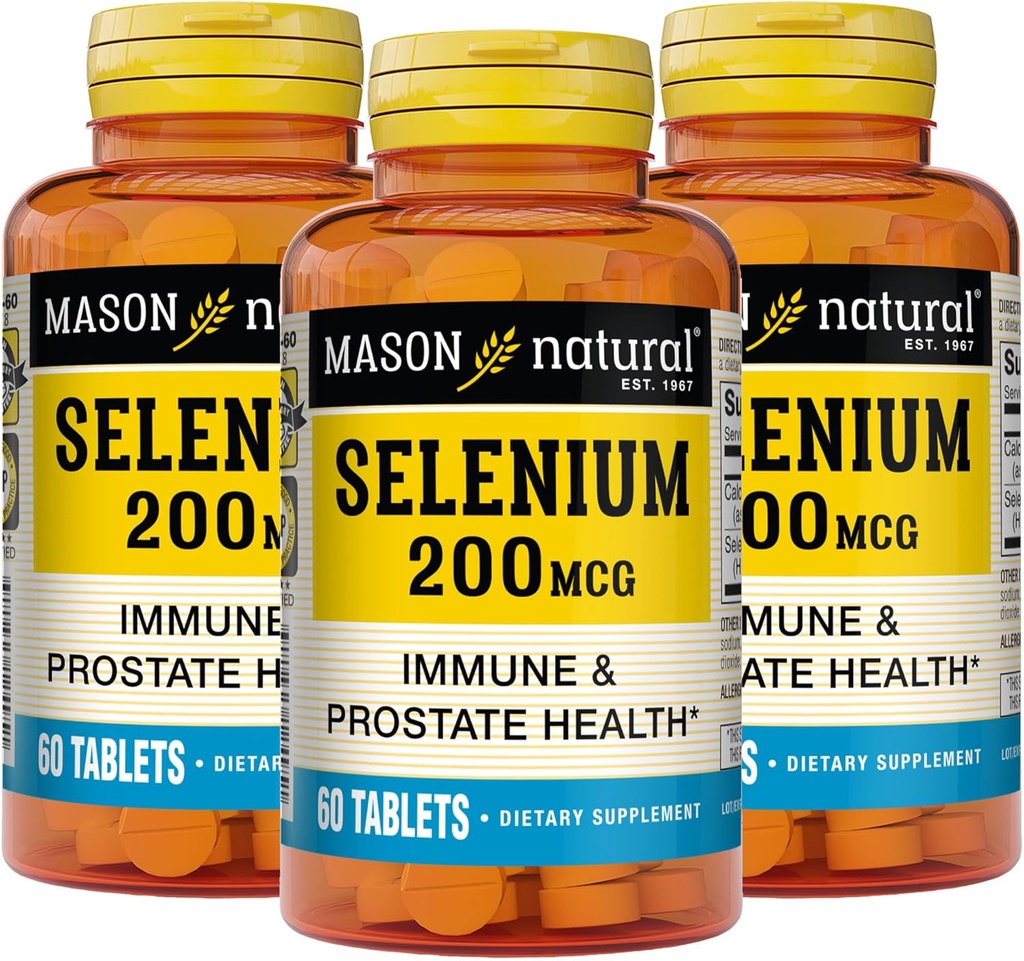 MASON NATURAL Selenium 200 µg - Suplement przeciwutleniający dla immunologicznego wsparcia i zdrowia prostaty, Ślad zasadniczy Mineral, 60 tabletek (opakowanie po 3)