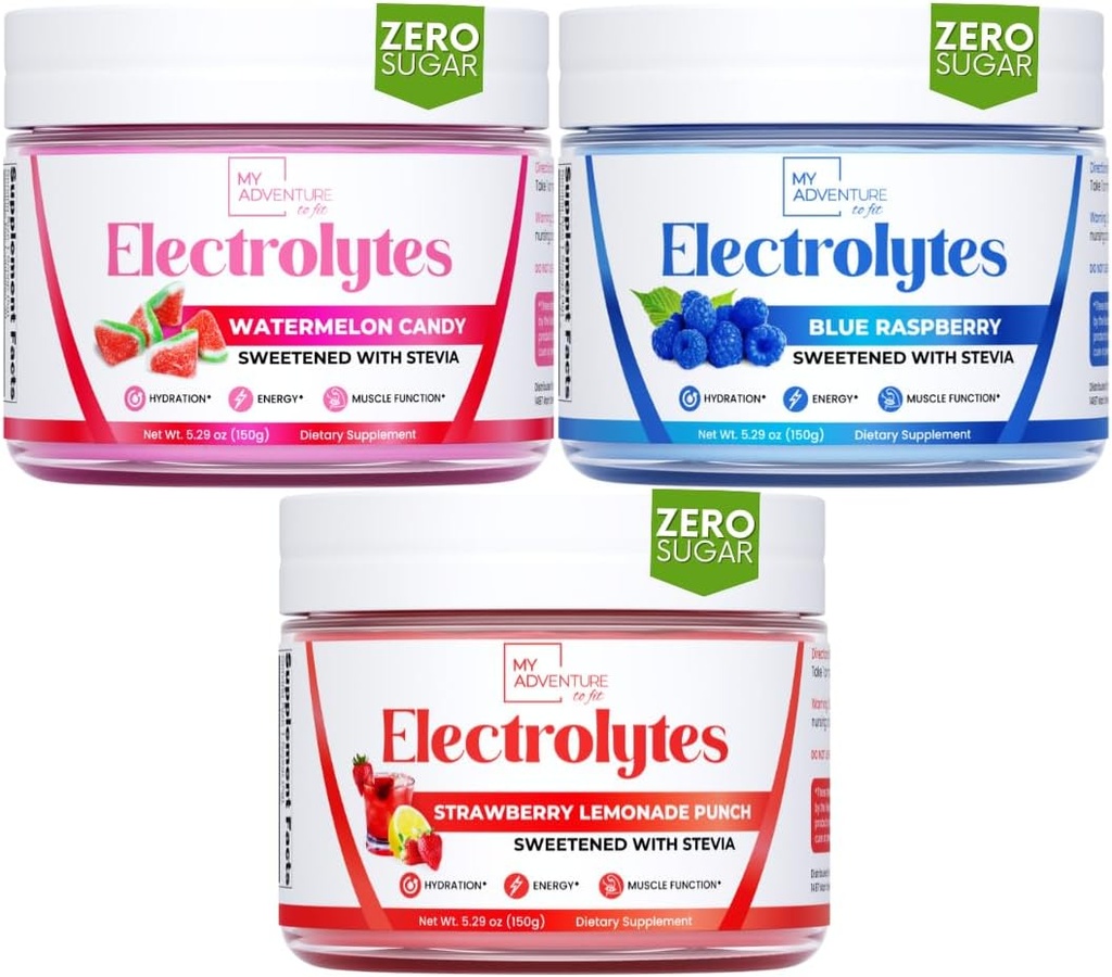 My Adventure to Fit Odświeżające Nawodnienie Elektrolity Proszek z zerowym cukru, Bundle, Błękitna Malina & Arbuz Candy & Truskawka Lemoniada Flavors