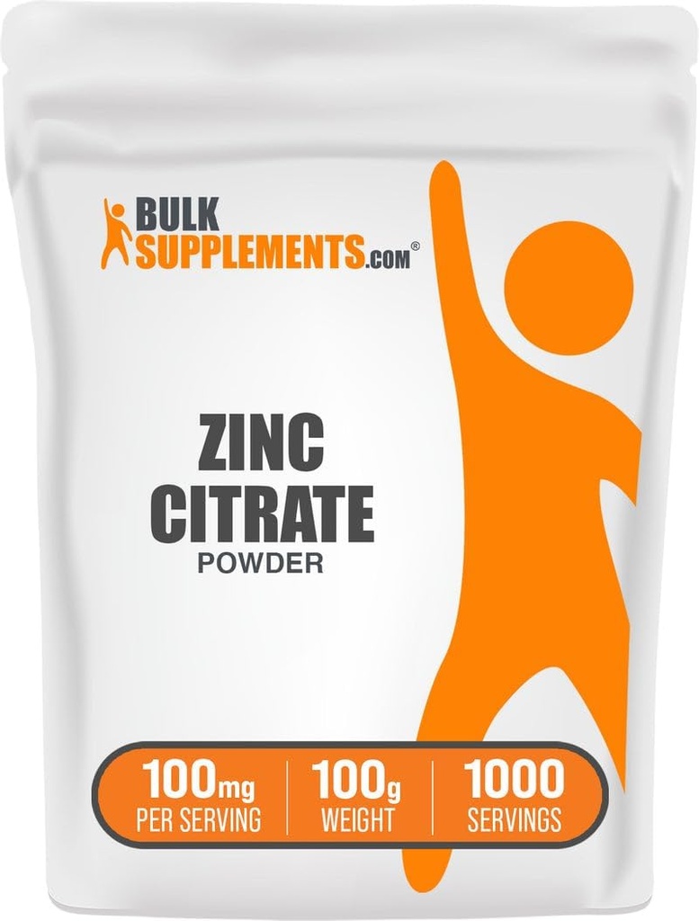 BulkSupplements.com Proszek Cynk Cytrate - Suplementy cynku, Suplement mineralny, do wsparcia immunologicznego - Gluten Free, 100mg na jedną porcję, 100g (3.5 oz) (Opakowanie po 1)
