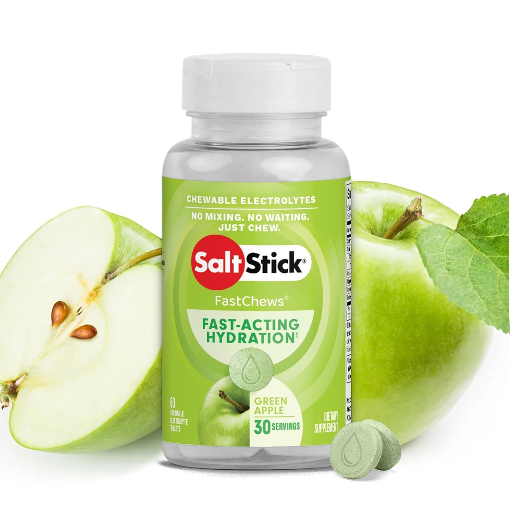 SaltStick Electrolyte FastChews - 60 Green Apple Chewable Electrolytes - Solne tabletki do biegania i nawadniania, Electrolyte Chews - 60 Count