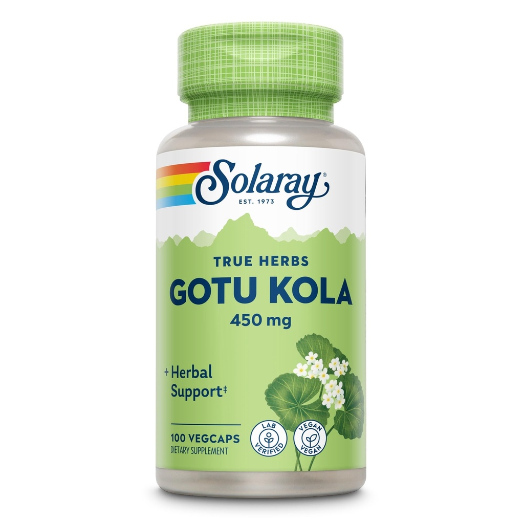 SOLARAY Gotu Kola 450mg - Centella Asiatica Herbal Supplements - Gotu Kola Kapsułki wykonane z całej aerii dla silnego wsparcia Wellness - Wegan, Non-GMO, Laboratorium zweryfikowane, 60- Day Guarantee, 100 Sługi