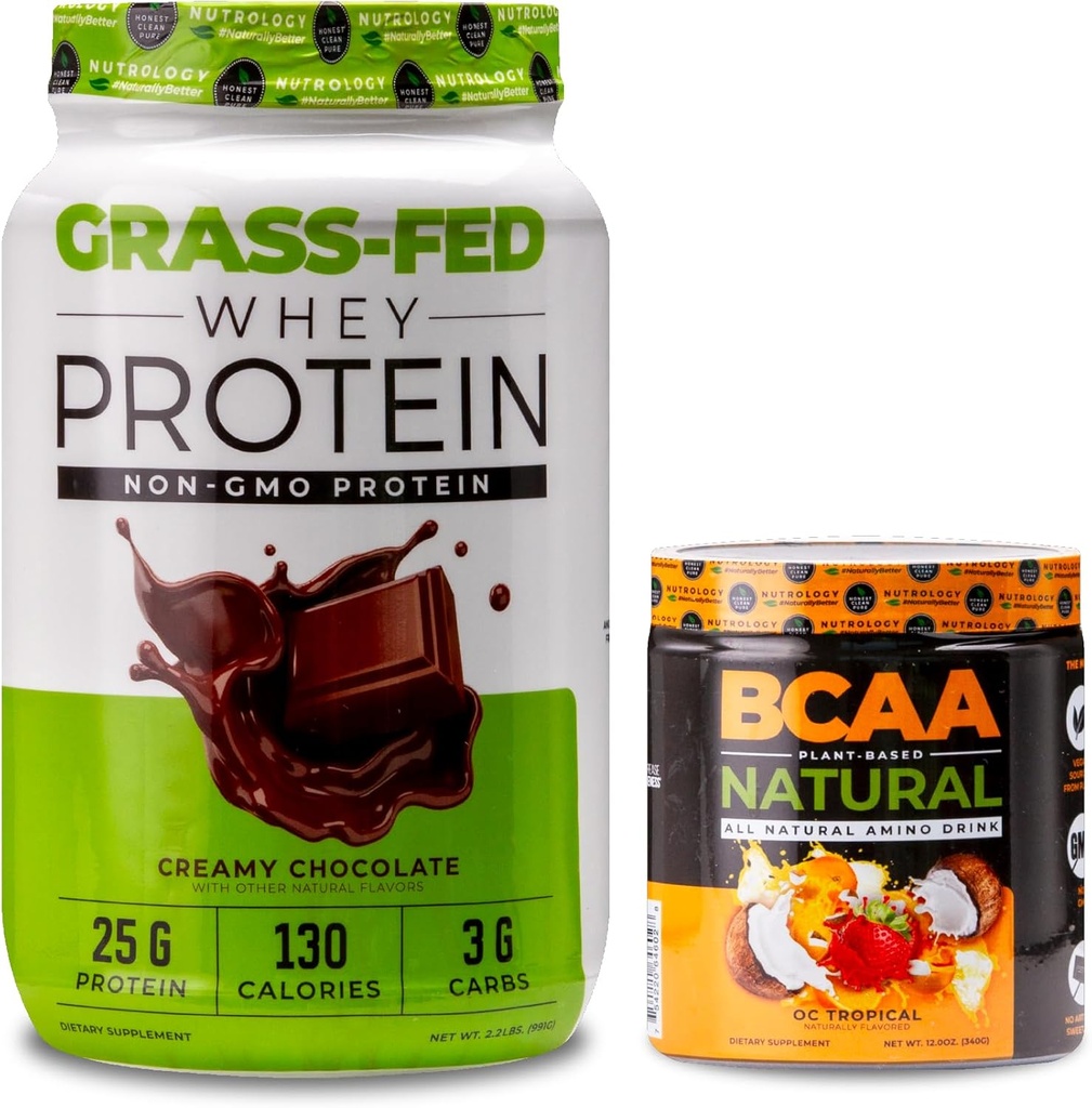 Nutrology Grass Fed Whey Protein Powder, Creamy Chocolate Flavor (28 Servings) BCAA Natural, Plant Based BCAA Powder, Orange Coconut Flavor (30 Servings)