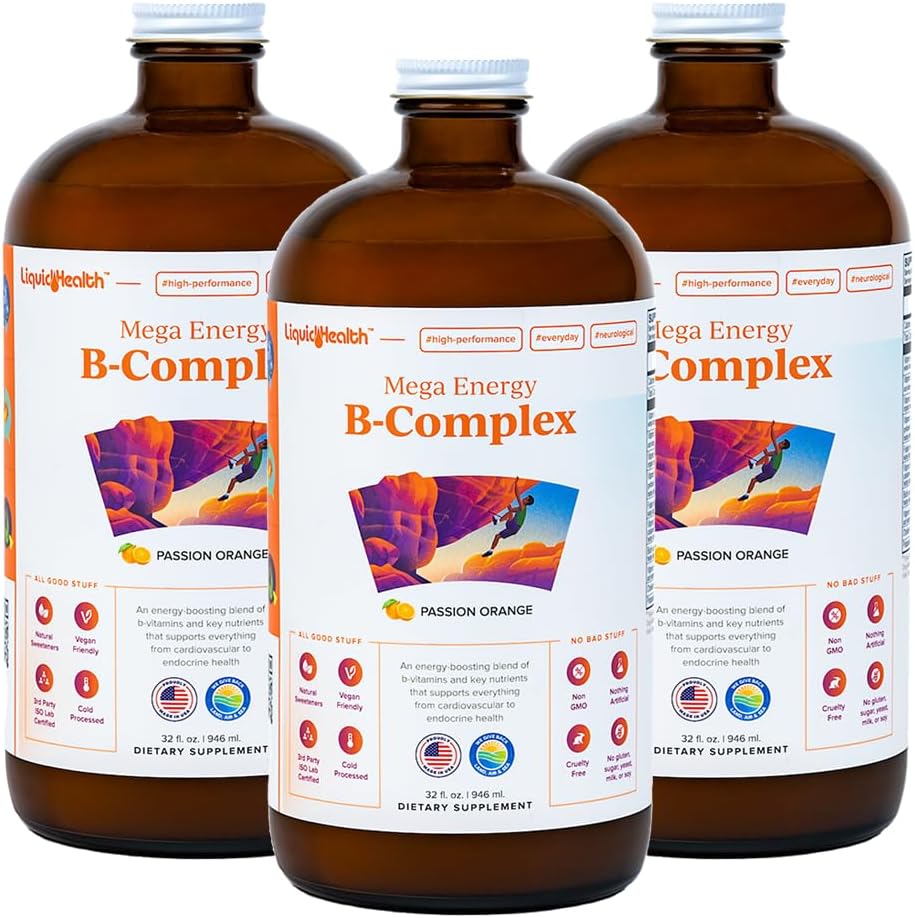 Liquidhealth Mega Energy Methylled B- Complex, Dorosły suplement witaminy płynnej - Zwiększenie energii, Relieve Stress & Zmęczenie, Wsparcie immunologiczne, Heart & Gut Health - Made in USA, Wegan, Sugar- Free (3 Pack)