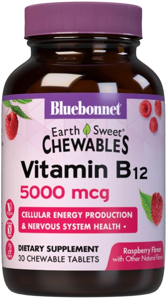 Bluebonnet Nutrition Earth Słodka witamina B12 5000 µg Tabletki do żucia, Soy- Free, Gluten- Free, Kosher Certified, Dairy- Free, Wegan, Malina Flavored, 30 Tabletki do żucia, 30 Służenia