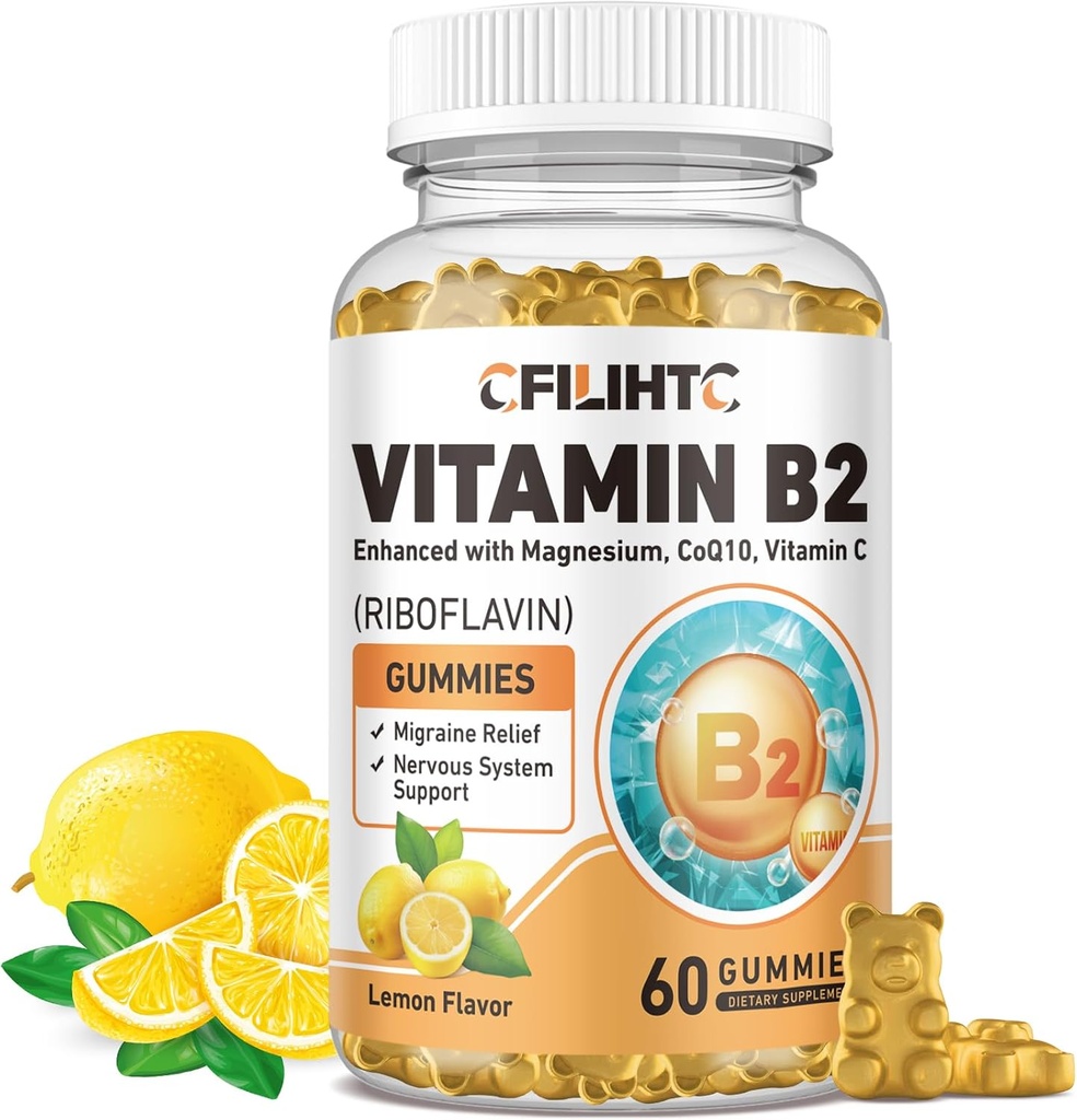 Witamina B2 Gummie Riboflavin 400mg Suplement dla dzieci i dorosłych - Glicynian magnezu, Cynk, CoQ10, Witamina B12 - Relief Migreny i Energia, Wsparcie układu nerwowego, Bezcukrowy Lemon Flavor, 60ct