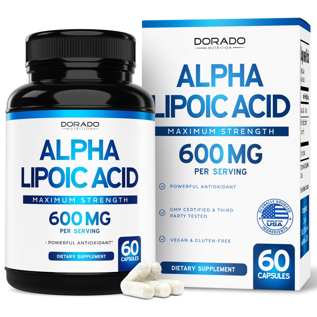 Alpha Lipoic Acid 600mg per Serving 60 Kapsułki - Pothent Antioksydant for Neuropathy and Cardiovical Health (ALA Supplement) - Trzecia strona Tested, Non-GMO, Gluten Free, Vegan & USA Made