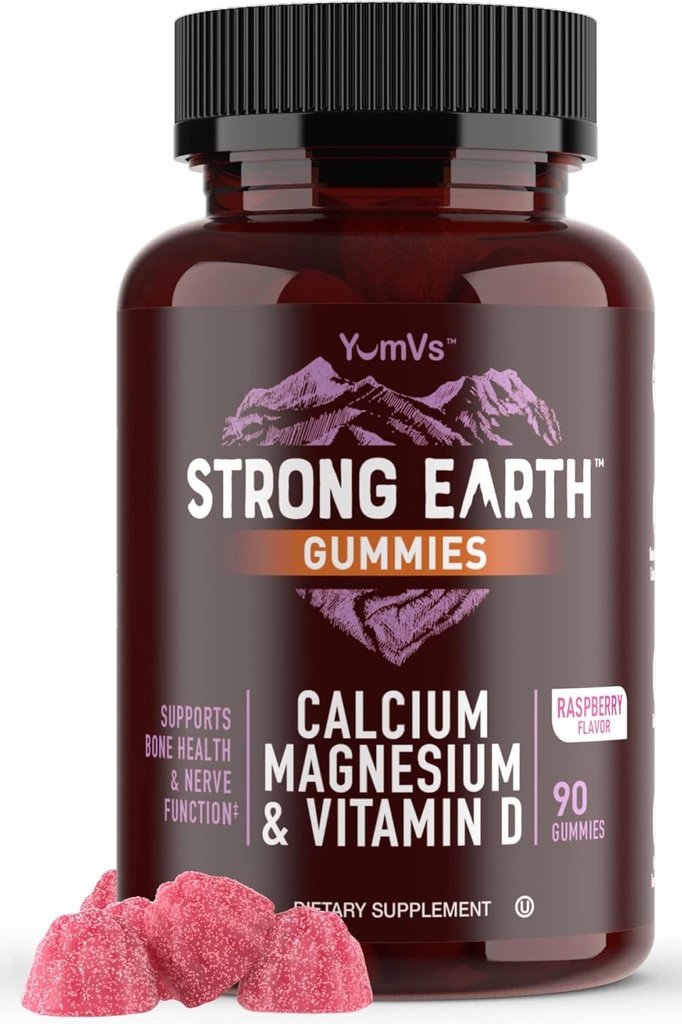 YUM-V'S Strong Earth Calcium, Magnesium, Vitamin D3 Gummies, Vitamin Gummies, Calcium Supplement for Strong Bone Health for Women & Men - Certified Kosher (90 Count)